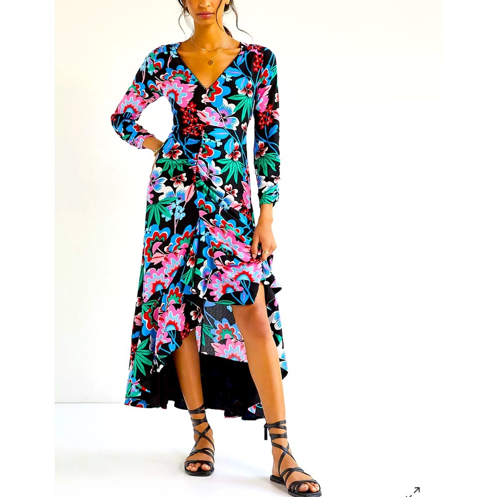 Anthropologie Maeve Ruched Floral Midi Dress EUC Lined Size 4 Petite